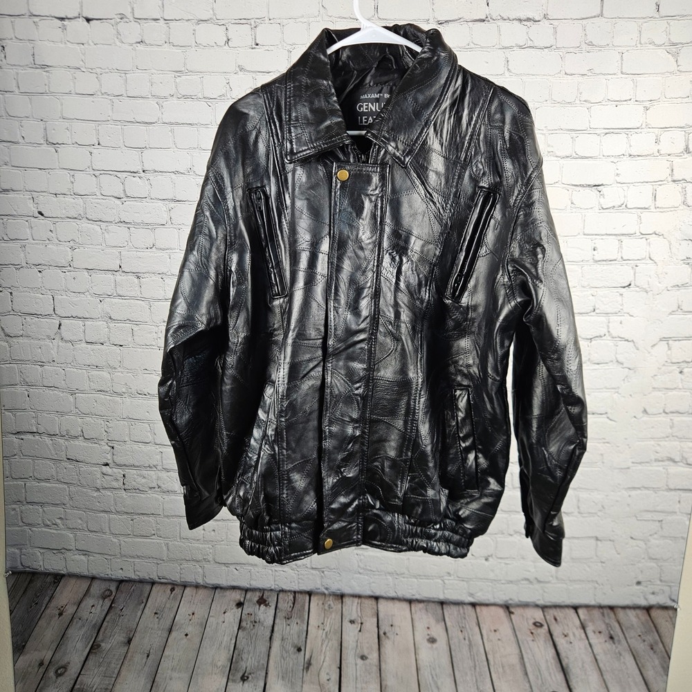Maxam Brand Mens Black Lambskin Leather Italian Mosaic Bomber Jacket Size M